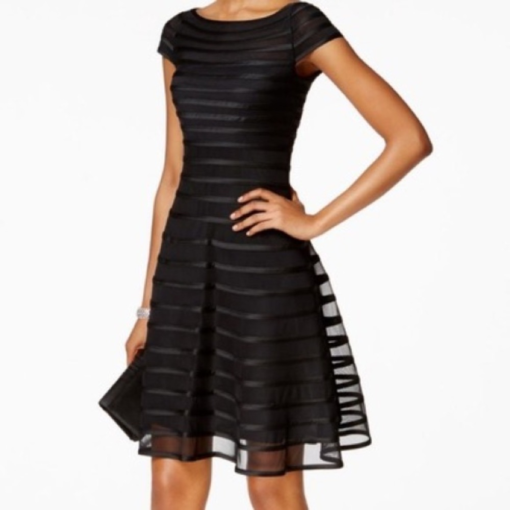 Black cap sleeved fit and flare dress